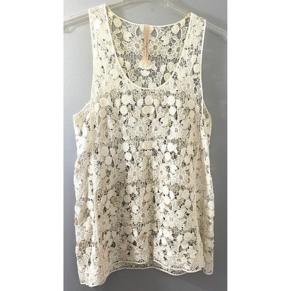 Mystree Women's Cream Boho Floral Crochet Open Knit Sleeveless Tank Top Sz: M/L - Picture 1 of 8